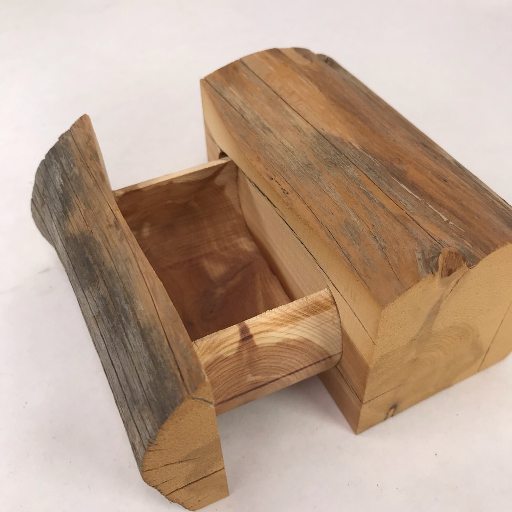 Hand Carved Natural Edge Cedar Wooden Keepsake Jewelry Box Rustic Hidden Drawer